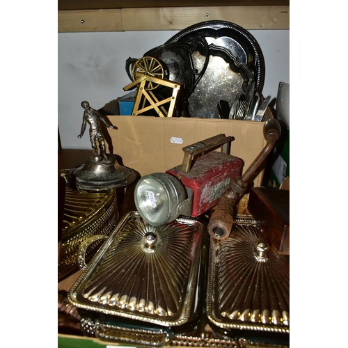 459 - TWO BOXES OF METALWARE, to include two Fire-King serving dishes with lids, a leather box of playing ... 