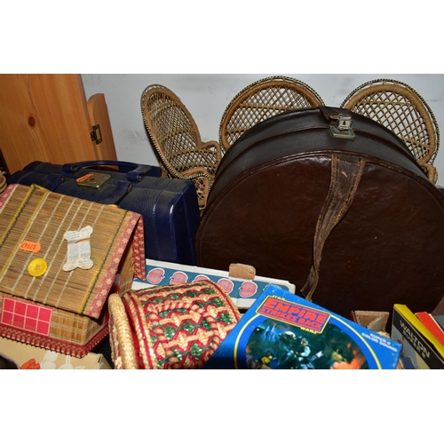 460 - TWO BOXES AND LOOSE SUNDRIES, to include four large wooden trays, a pine framed dressing table mirro... 