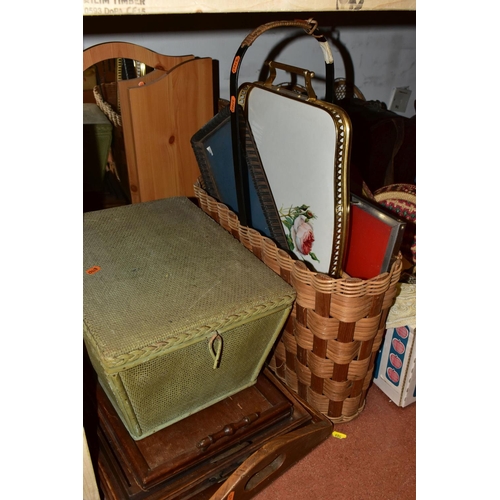 460 - TWO BOXES AND LOOSE SUNDRIES, to include four large wooden trays, a pine framed dressing table mirro... 