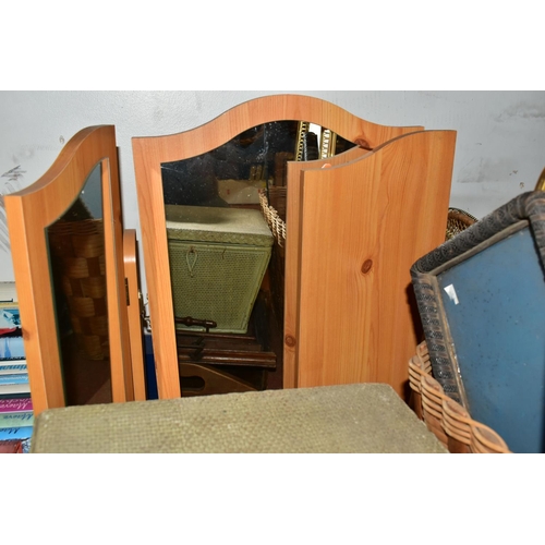 460 - TWO BOXES AND LOOSE SUNDRIES, to include four large wooden trays, a pine framed dressing table mirro... 