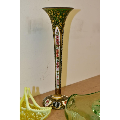 461 - A GROUP OF COLOURED GLASSWARE, comprising two glass ceiling shades, a small yellow uranium glass boa... 