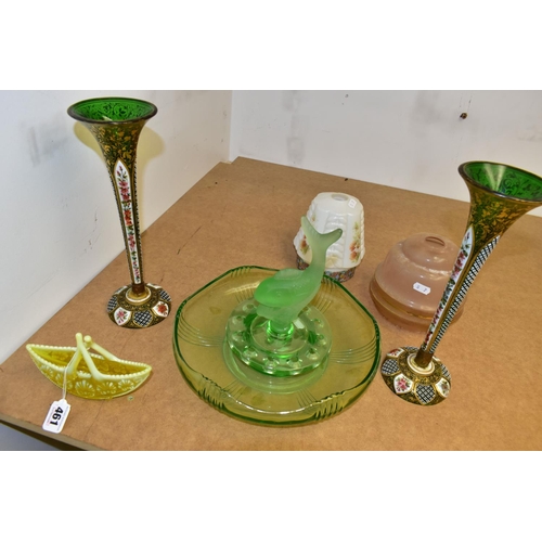 461 - A GROUP OF COLOURED GLASSWARE, comprising two glass ceiling shades, a small yellow uranium glass boa... 