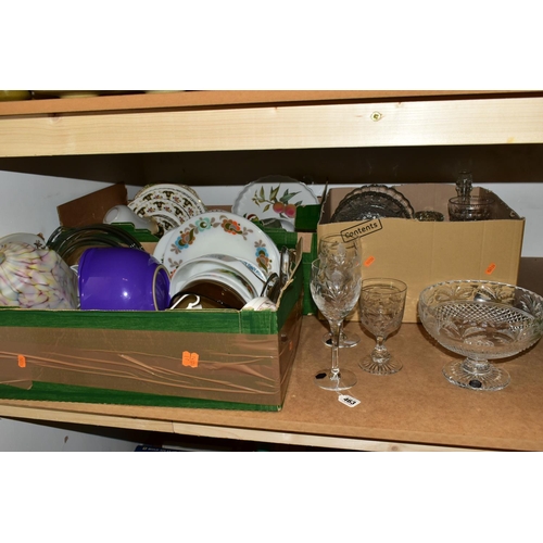 463 - THREE BOXES OF CUT CRYSTAL, PYREX OVENWARE AND CERAMICS, to include two long stemmed Stuart Crystal ... 