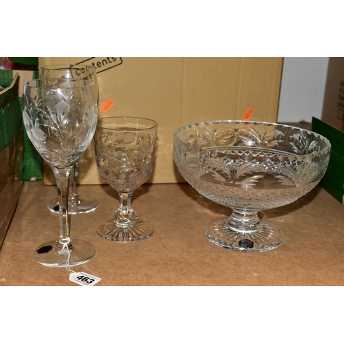 463 - THREE BOXES OF CUT CRYSTAL, PYREX OVENWARE AND CERAMICS, to include two long stemmed Stuart Crystal ... 