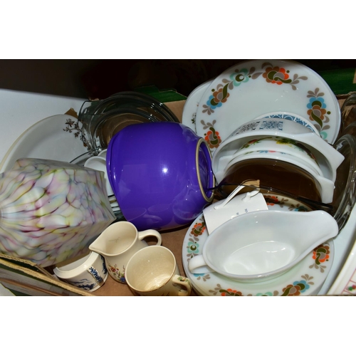 463 - THREE BOXES OF CUT CRYSTAL, PYREX OVENWARE AND CERAMICS, to include two long stemmed Stuart Crystal ... 