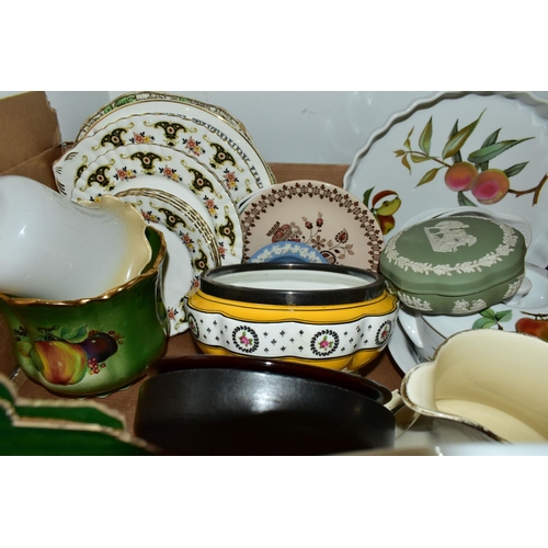 463 - THREE BOXES OF CUT CRYSTAL, PYREX OVENWARE AND CERAMICS, to include two long stemmed Stuart Crystal ... 