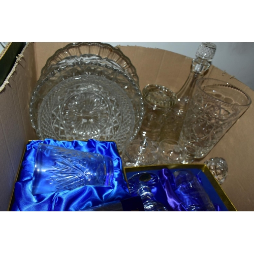 463 - THREE BOXES OF CUT CRYSTAL, PYREX OVENWARE AND CERAMICS, to include two long stemmed Stuart Crystal ... 