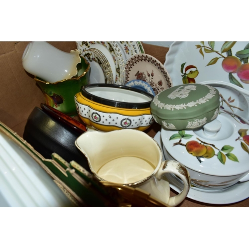 463 - THREE BOXES OF CUT CRYSTAL, PYREX OVENWARE AND CERAMICS, to include two long stemmed Stuart Crystal ... 