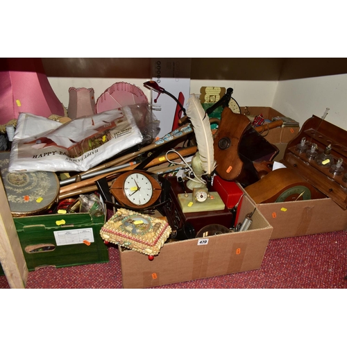 470 - SIX BOXES OF TREEN AND ASSORTED SUNDRIES, to include a mid-century Metamec teak eight day movement m... 