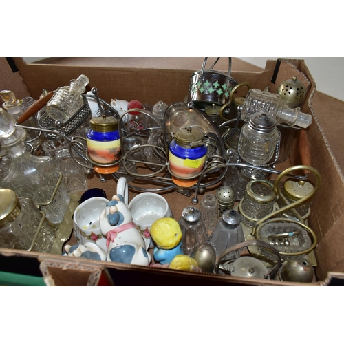 472 - TWO BOXES OF ASSORTED CRUET SETS AND EGG CUPS, to include a quantity of silverplate and cut crystal ... 