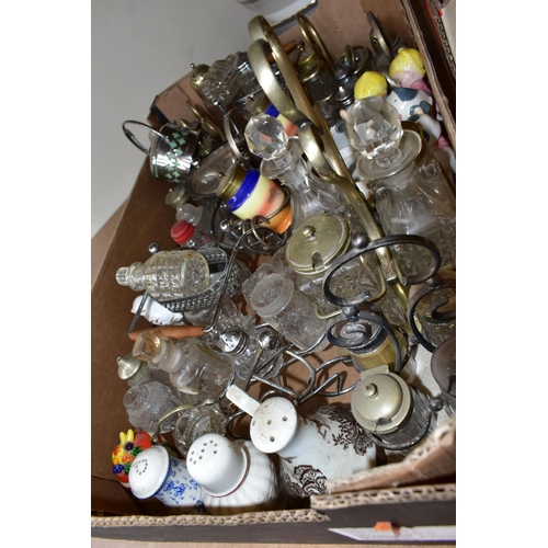 472 - TWO BOXES OF ASSORTED CRUET SETS AND EGG CUPS, to include a quantity of silverplate and cut crystal ... 