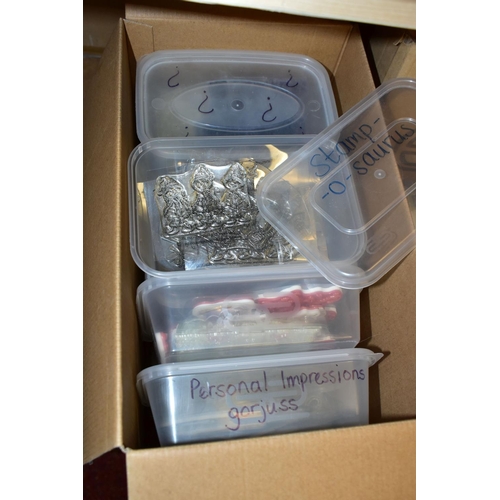 477 - THIRTEEN BOXES OF CLEAR, RUBBER AND WOODEN BACKED STAMPS, STAMPING PLATFORM, AND INKS, to include fi... 