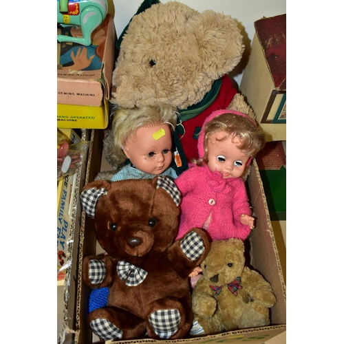 480 - FIVE BOXES OF CHILDREN'S TOYS, GAMES, DOLLS AND A WOODEN DOLL'S HOUSE , to include a Triang 1950s do... 