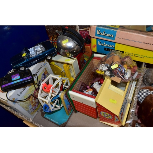 480 - FIVE BOXES OF CHILDREN'S TOYS, GAMES, DOLLS AND A WOODEN DOLL'S HOUSE , to include a Triang 1950s do... 