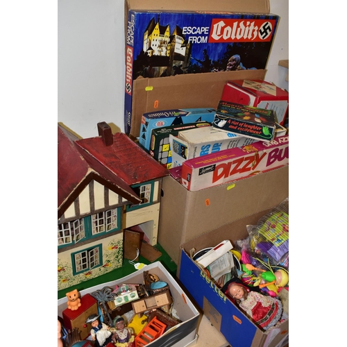 480 - FIVE BOXES OF CHILDREN'S TOYS, GAMES, DOLLS AND A WOODEN DOLL'S HOUSE , to include a Triang 1950s do... 