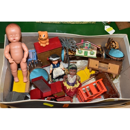 480 - FIVE BOXES OF CHILDREN'S TOYS, GAMES, DOLLS AND A WOODEN DOLL'S HOUSE , to include a Triang 1950s do... 