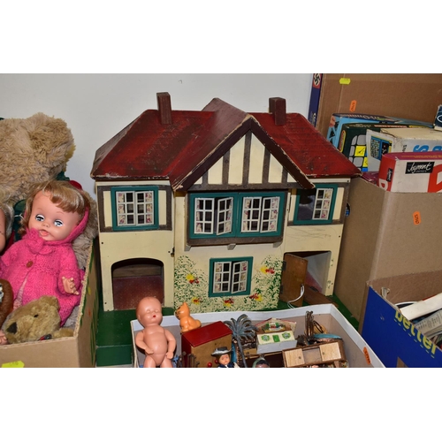 480 - FIVE BOXES OF CHILDREN'S TOYS, GAMES, DOLLS AND A WOODEN DOLL'S HOUSE , to include a Triang 1950s do... 