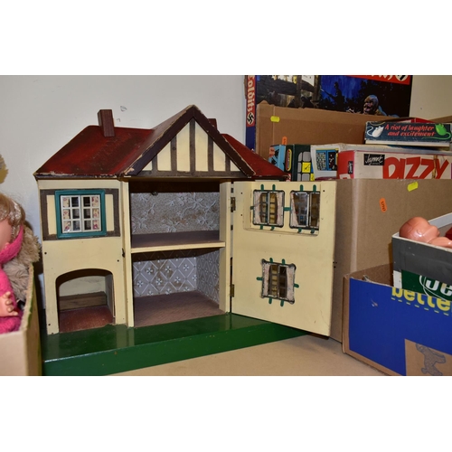 480 - FIVE BOXES OF CHILDREN'S TOYS, GAMES, DOLLS AND A WOODEN DOLL'S HOUSE , to include a Triang 1950s do... 