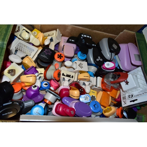 481 - SEVEN BOXES AND LOOSE CRAFT PUNCHES, PAPERS, BOOKS AND CDS, to include two boxes of craft punches in... 