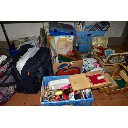 483 - EIGHT BOXES OF SEWING PATTERNS, ASSORTED SEWING EQUIPMENT, BOOKS AND TWO SEWING MACHINES, to include... 