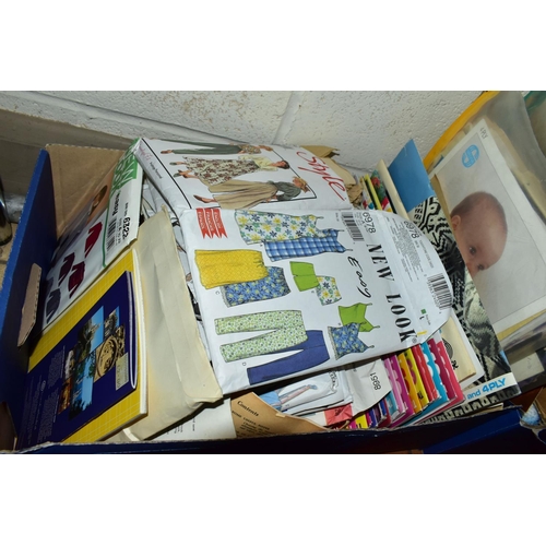 483 - EIGHT BOXES OF SEWING PATTERNS, ASSORTED SEWING EQUIPMENT, BOOKS AND TWO SEWING MACHINES, to include... 