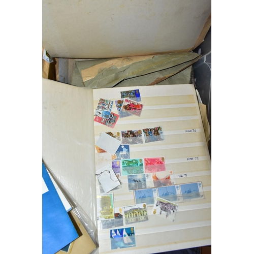 485 - FOUR BOXES OF MISCELLANEOUS, SEWING EQUIPMENT, STAMPS AND BOOKS, to include a pair of table lamps, h... 