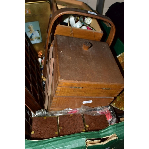 485 - FOUR BOXES OF MISCELLANEOUS, SEWING EQUIPMENT, STAMPS AND BOOKS, to include a pair of table lamps, h... 