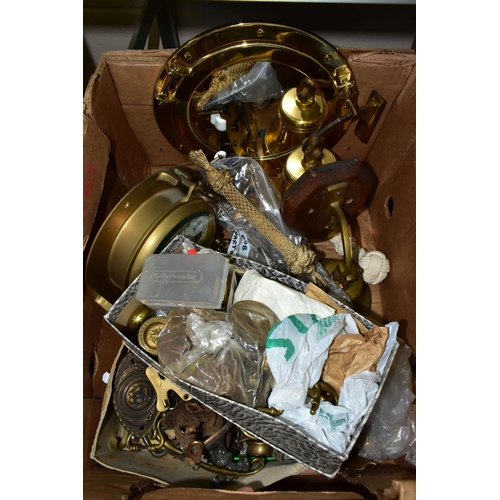 486 - ONE BOX OF ASSORTED BRASSWARE to include  a novelty ship's porthole style mirror, two ship's bells, ... 