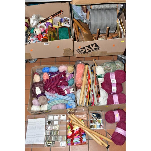 487 - FOUR BOXES OF WOOL  CARDING EQUIPMENT, BALLS OF WOOL AND KNITTING NEEDLES, to include a 1970's Barne... 