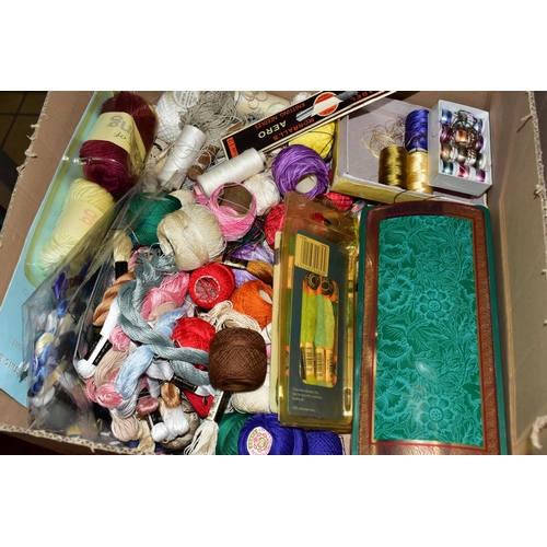 487 - FOUR BOXES OF WOOL  CARDING EQUIPMENT, BALLS OF WOOL AND KNITTING NEEDLES, to include a 1970's Barne... 