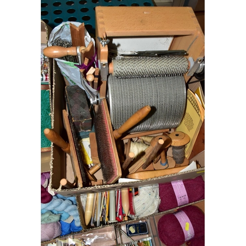 487 - FOUR BOXES OF WOOL  CARDING EQUIPMENT, BALLS OF WOOL AND KNITTING NEEDLES, to include a 1970's Barne... 