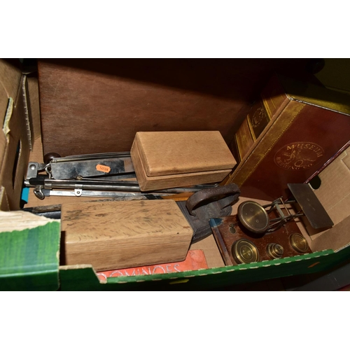 489 - FOUR BOXES OF SUNDRIES AND TABLE LINEN to include a violin in a hard case (broken string, bow hairs ... 