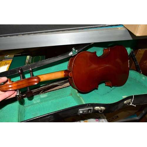 489 - FOUR BOXES OF SUNDRIES AND TABLE LINEN to include a violin in a hard case (broken string, bow hairs ... 