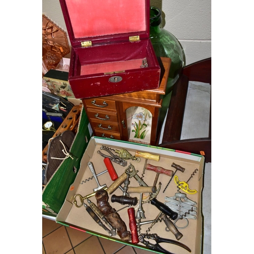 494 - THREE BOXES OF ASSORTED SUNDRIES to include a collection of corkscrews, clay pipes, an ebony ink wel... 