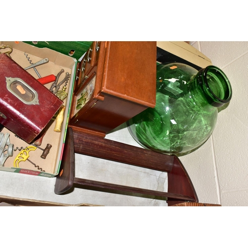 494 - THREE BOXES OF ASSORTED SUNDRIES to include a collection of corkscrews, clay pipes, an ebony ink wel... 