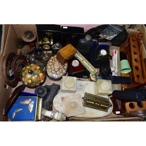 494 - THREE BOXES OF ASSORTED SUNDRIES to include a collection of corkscrews, clay pipes, an ebony ink wel... 