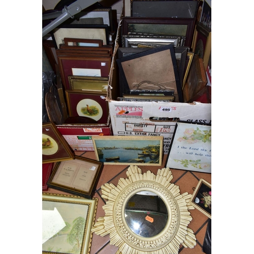 495 - THREE BOXES OF ASSORTED SUNDRY ITEMS AND FRAMED PRINTS, to include an Aeolian Co. Ltd  gramophone, a... 