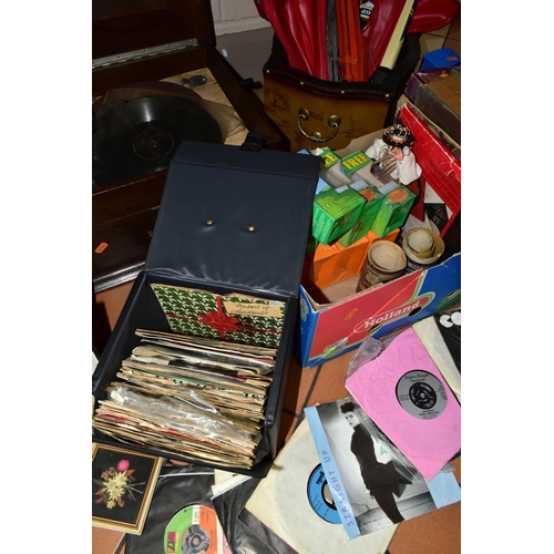 495 - THREE BOXES OF ASSORTED SUNDRY ITEMS AND FRAMED PRINTS, to include an Aeolian Co. Ltd  gramophone, a... 