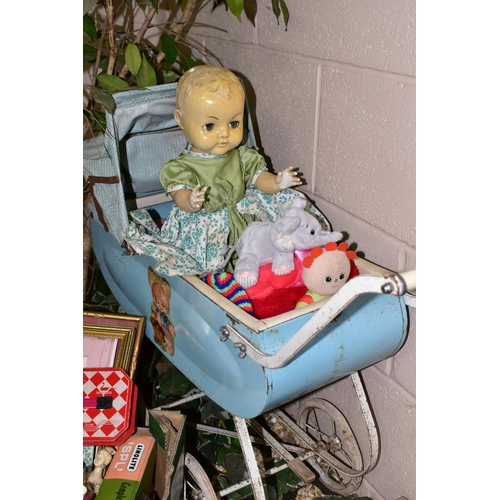 504 - TWO DOLL'S PRAMS AND A BOX OF ASSORTED SUNDRIES, to include a 1960's pale blue doll's pram with a pi... 