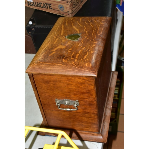 512 - EDWARDIAN OAK STATIONARY CABINET, dimensions: h30cm l34.5cm x w22.5cm, top and front opening, single... 