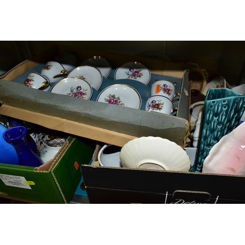 521 - SIX BOXES AND LOOSE CERAMICS, GLASS AND SUNDRY ITEMS, to include a Sylvac 4556 vase, 2485 'Hyacinth'... 