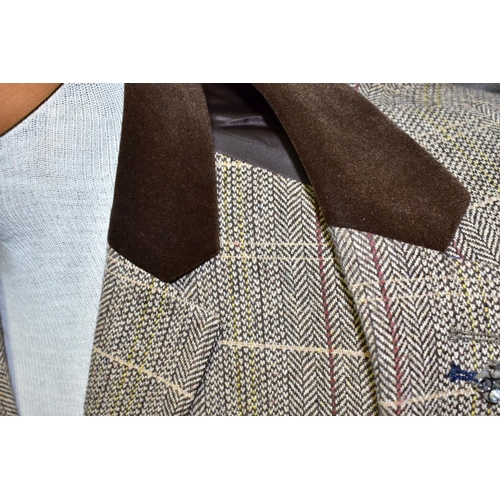 525 - A HOUSE OF CAVANI THREE PIECE SUIT, comprising jacket, trousers and waist coat in a brown tweed-styl... 