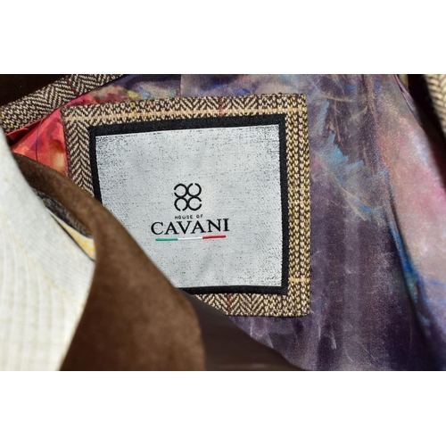 525 - A HOUSE OF CAVANI THREE PIECE SUIT, comprising jacket, trousers and waist coat in a brown tweed-styl... 