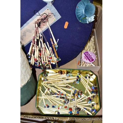 527 - A BOX OF LACE MAKING EQUIPMENT, INCLUDING A CHARLES HORNER HAT PIN, stamped 'CH' and 'Sterling', a q... 