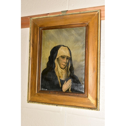 552 - L. PALMER 'A LADY OF TEARS', head and shoulders portrait of a nun with hands held in prayer, oil on ... 