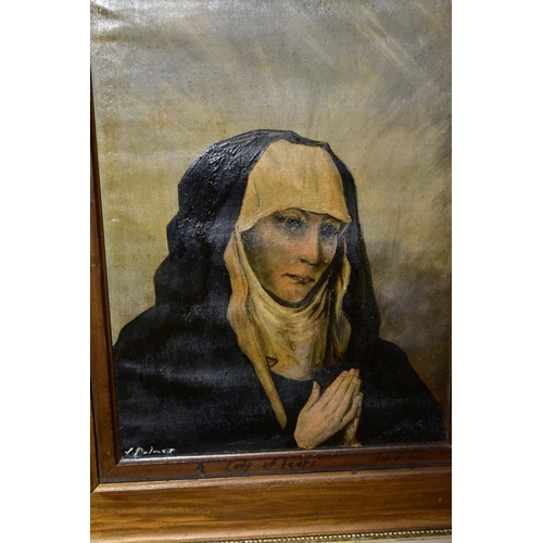 552 - L. PALMER 'A LADY OF TEARS', head and shoulders portrait of a nun with hands held in prayer, oil on ... 