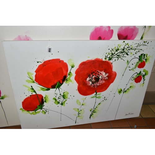 558 - JEAN PICTON (BRITISH, CONTEMPORARY), Red poppies, acrylic on box canvas, unframed, signed lower righ... 