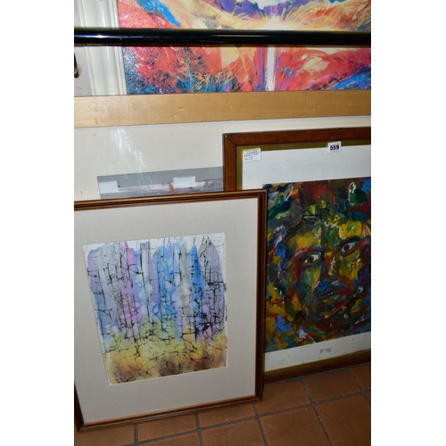 559 - THREE MODERN ABSTRACT PAINTINGS AND A RICK J. DELANTY PRINT 'ETERNAL SPRING', 95cm x 65cm, s.d., the... 