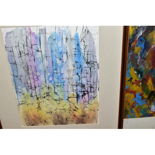 559 - THREE MODERN ABSTRACT PAINTINGS AND A RICK J. DELANTY PRINT 'ETERNAL SPRING', 95cm x 65cm, s.d., the... 