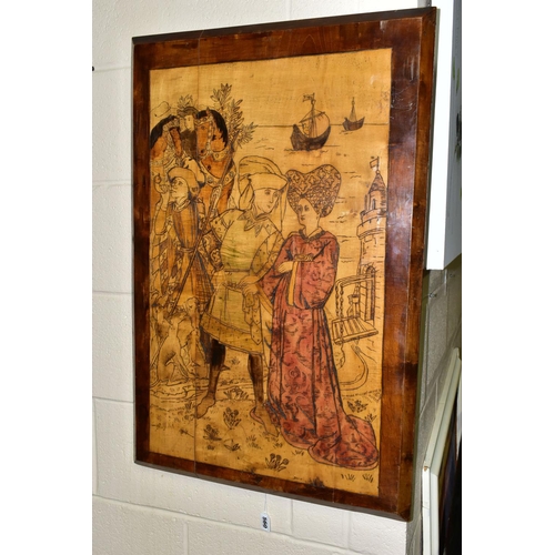 560 - AN EARLY 20TH CENTURY POKER-WORK /PYROGRAPHY PICTURE DEPICTING A MEDIEVAL COUPLE WITH ATTENDANTS AND... 